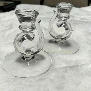 VTG Fostoria Depression Glass Candlestick Holders Beaded Glam Cottagecore EUC